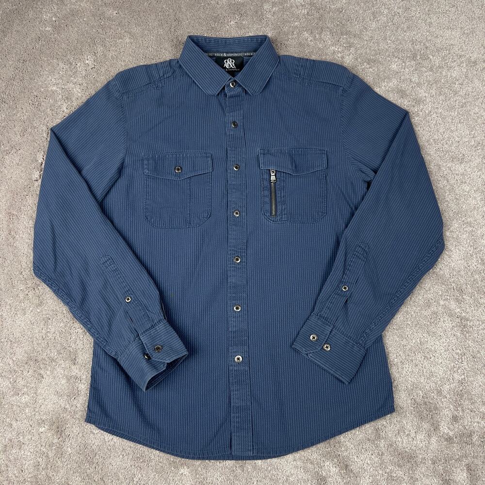 Rock & Republic Size S Blue Ribbed Utility Button Down Shirt Zip Pocket Y2K